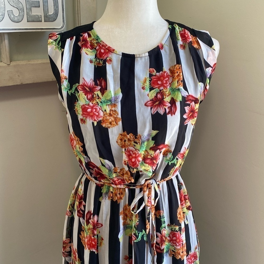 TULLE Floral Stripes Chiffon Tie Waist Dress Black White Red Green Orange - Picture 4 of 10